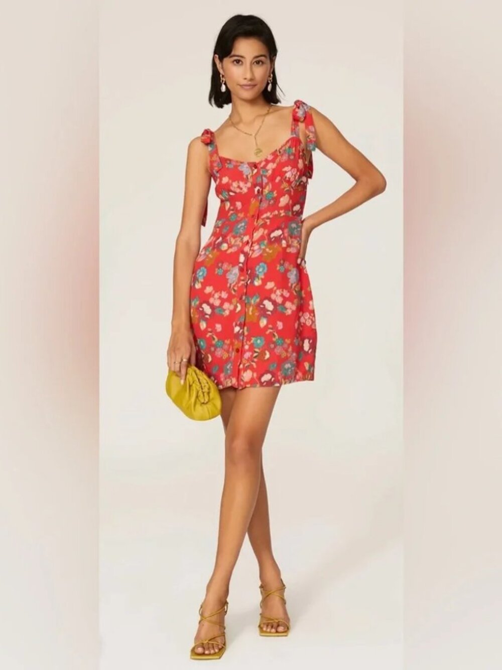 The Andamane Donna Mini Dress Red Floral Tie Shoulder Sundress Sweetheart Sz MED